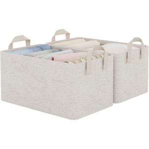 StorageWorks Storage Bins, Shelves Baskets for Organizing, Fabric Closet Organizers with Handles, Metal Frame, Beige-Cotton-linen, 2-Pack (14 " L x 10 " W x 8 " H)