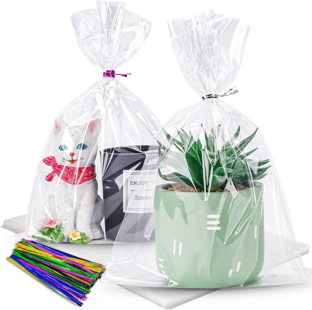 LOKIQNG Cellophane Bags Plastic Mothers Day Gift Bags Clear Cookie Treat Bags with Twist Ties for Party Favor Bag(100PACK, 8x11inch)
