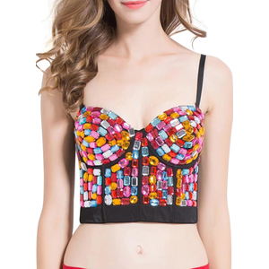 Charmian Women's Bustier Crop Top Mesh Corset Top Push up Rhinestone Diamond Bra Club Party Vest ,Size 2XL