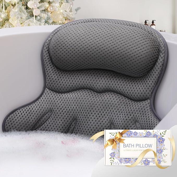 Bath Pillow with 6 Suction Cups, Soft Textured Cloud-Like Bathtub Neck and Back Support Cushion, Non-Slip Spa Bath Accessory for Relaxing Home Use