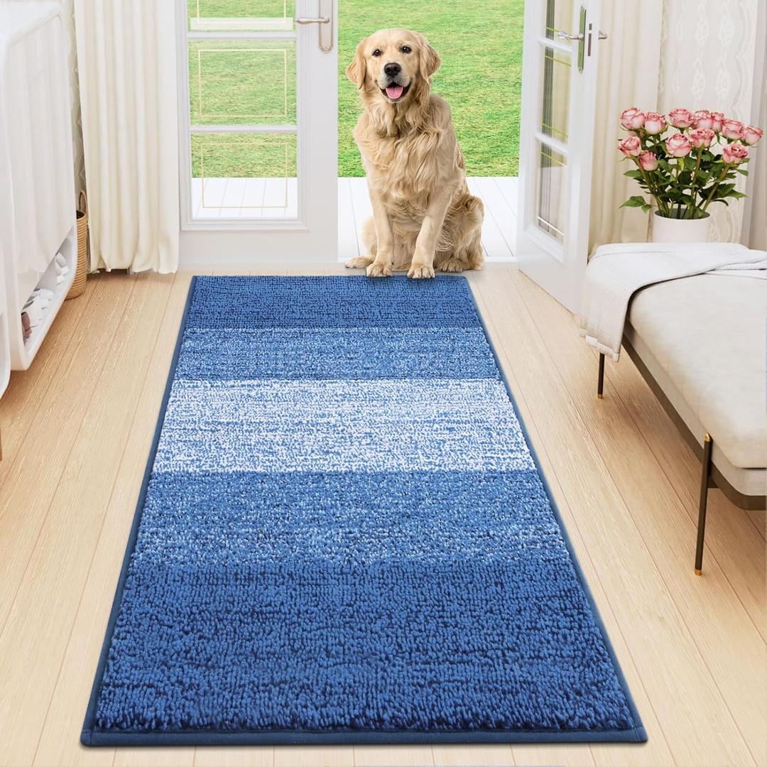 Smiry Dog Door Mat for Muddy Paws, Absorbs Moisture and Dirt, Low-Profile Entryway Mat with Non-Slip Backing, Entry Indoor Outdoor Doormat for Inside Floor (47x24 Inches, Navy Blue, Striped)