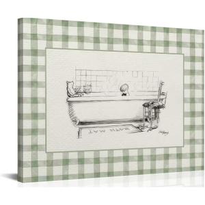Minimalist Green Stripes Bathroom Framed Canvas Wall Art Bathtub Painting Picture Wall Decor Funny Bathroom Poster Print Artwork for Bedroom Living Room Restroom 16x24 Inch