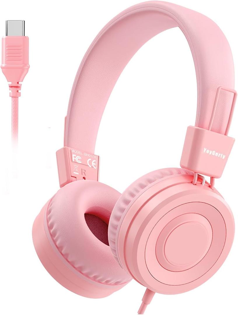 USB C Kids Headphones for School, Upgrade USB Type C Kid Headphone, 94 dB Volume Limiter Wired On-Ear Headset for Kids/Toddlers/Children/Teens/Boys/Girls-Light Pink