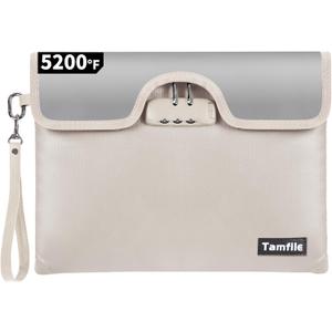 Tamfile 5200 Degree F Fireproof Money Bag with Lock, Water Document Zipper, 8 Layers Fire Insulation, Safe Storage Pouch Lock for Cash, Passport, Certificate(10/inch x 13/inch, Beige)