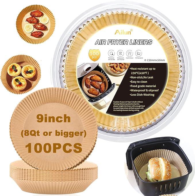 Ailun Air Fryer Paper Liners 9inch, 100PCS NonStick Parchment Paper,Oil Resistant,Disposable Food Grade Free of Bleach Paper Round for 510 QT Air Fryer Baking Roasting Microwave