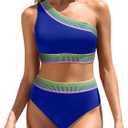 Women High Waisted Bikini Set - One Shoulder Two Piece Swimsuits Color Block Bathing Suits with Swimwear Bottom (Small, Royal Blue)