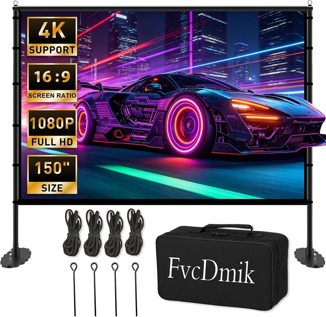150 inch Projector Screen with Stand, 16:9 4K HD Portable Outdoor Movie Screen, Wrinkle-Free Foldable Indoor Projection Screen with Carry Bag & Ground Nails for Backyard Cinema Home Theater