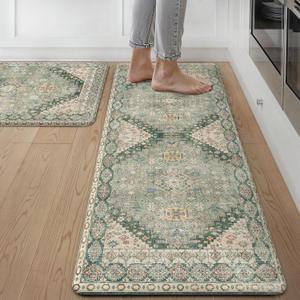 GENIMO Kitchen Mats for Floor, 2PCS Kitchen Rugs Non Slip Washable, Waterproof Anti Fatigue Mat, Comfort Standing Runner Rug for Sink, Office, Laundry, Home, 17.3"x47"+17.3"x30", Muted Green