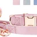 Soft Leather Dog Collar and Leash (6.6') Set - Stylish Rose Gold Heavy Duty Metal Buckle, 4 Adjustable Lengths Leash for Medium Dogs - Comfortable & Easy to Clean Pink M(13.8"-19.7")