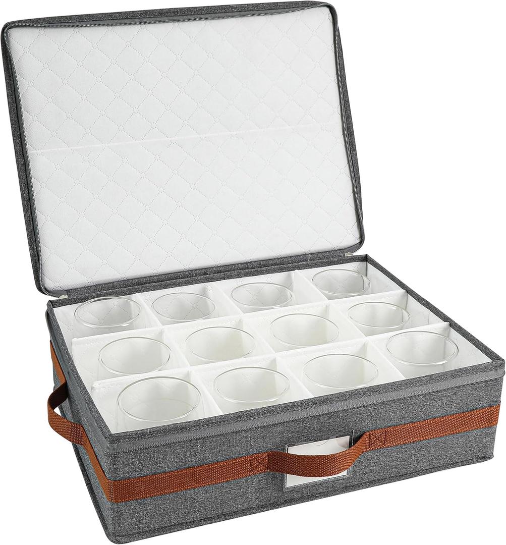 Mug storage box with divider, tea cup and coffee mug storage container with zipper cover and reinforced handle, hard shell, stackable, foldable (Grey red, Mug Storage Case)