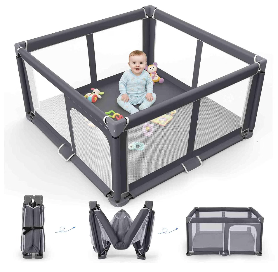 Foldable Baby Playpen Portable Travel Play Yard, Dark Gray