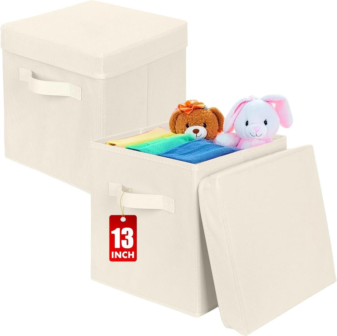ShellKingdom Storage Bins, Foldable Fabric Storage Cubes with Lid, Clothes Storage Organizer Drawer For Closet Toys Storage, 13 X 13 X 13 INCH, 2 Pack (Beige)