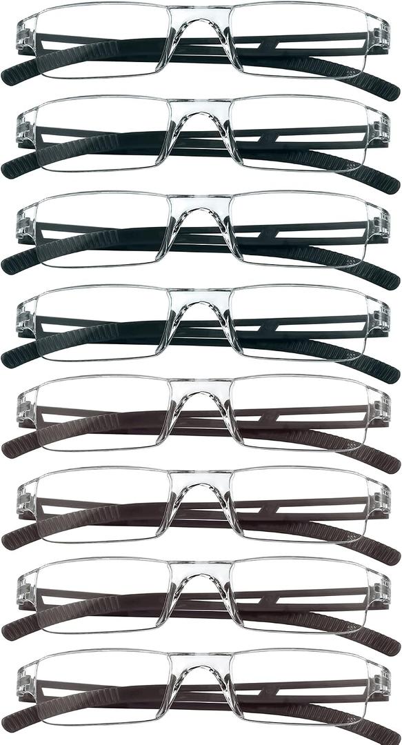 VisionGlobal 8 Pairs Reading Glasses, Blue Light Blocking Glasses, Computer Reading Glasses for Women and Men, Fashion Square Eyewear Frame (4black+4brown,+1.00 Magnification)