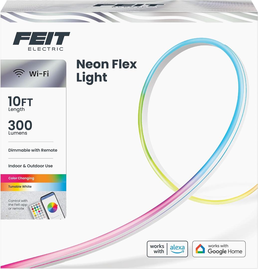 Feit Electric Smart LED Neon Flex Strip Lights, 10FT, Bendable, RGBW Color Chasing, Dimmable, 2.4Ghz WiFi Enabled, Compatible with Alexa and Google Home Asst, Music Sync, Remote App, NF10/CHASE/WP/AG