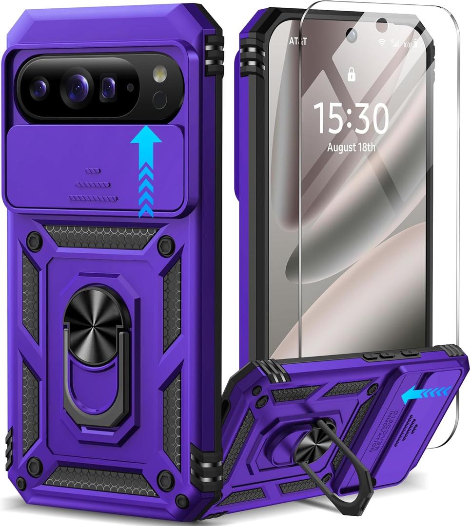 Taisairu for Google Pixel 10 Pro XL Case with Screen Protector & Slide Camera Lens Cover,Built-in 360Rotate Magnetic Ring Stand Shockproof Protective Phone Case for Pixel 10 Pro XL Case (Purple)