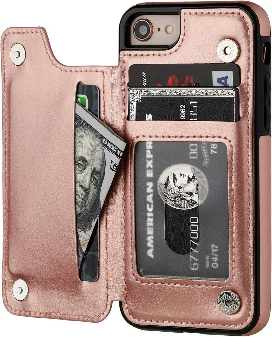 ONETOP for iPhone SE(2022) iPhone SE(2020) iPhone 7/8 Wallet Case with Card Holder, Premium PU Leather Kickstand Card Slots, Double Magnetic Clasp and Durable Shockproof Cover 4.7 Inch(Rose Gold)