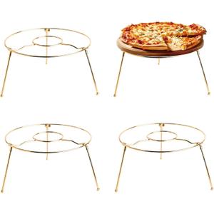 HOHIYA 4 Pack 9" Pizza Stand Riser Display Heavy Duty Metal Food Holder for Pizza Cake Dessert & Buffet Table Space Saving Serving Platter Stand Non-Slip Brass Gold