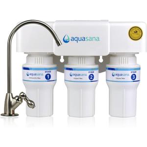Aquasana Under Sink Water Filter | 3-Stage Filtration | Certified to Reduce up to 99.99% of PFAS, Lead, Chlorine, & More | Under Counter Drinking Water Filter | Brushed Nickel Faucet | AQ-6300-BN