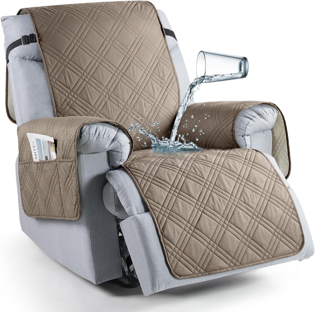 TAOCOCO 100% Waterproof Recliner Chair Cover, Non Slip Recliner Covers for Recliner Chair with Pocket, Washable Reclining Chair Cover Furniture Protector for Kids,Dogs(23.6'', Gray Taupe)