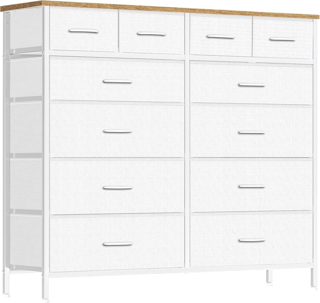 Compact 12 Drawers Dresser for Bedroom, Fabric Storage Tower, Chest of Drawers with Retro Wood Top for Closet, Nursery, Living Room (Classic White)