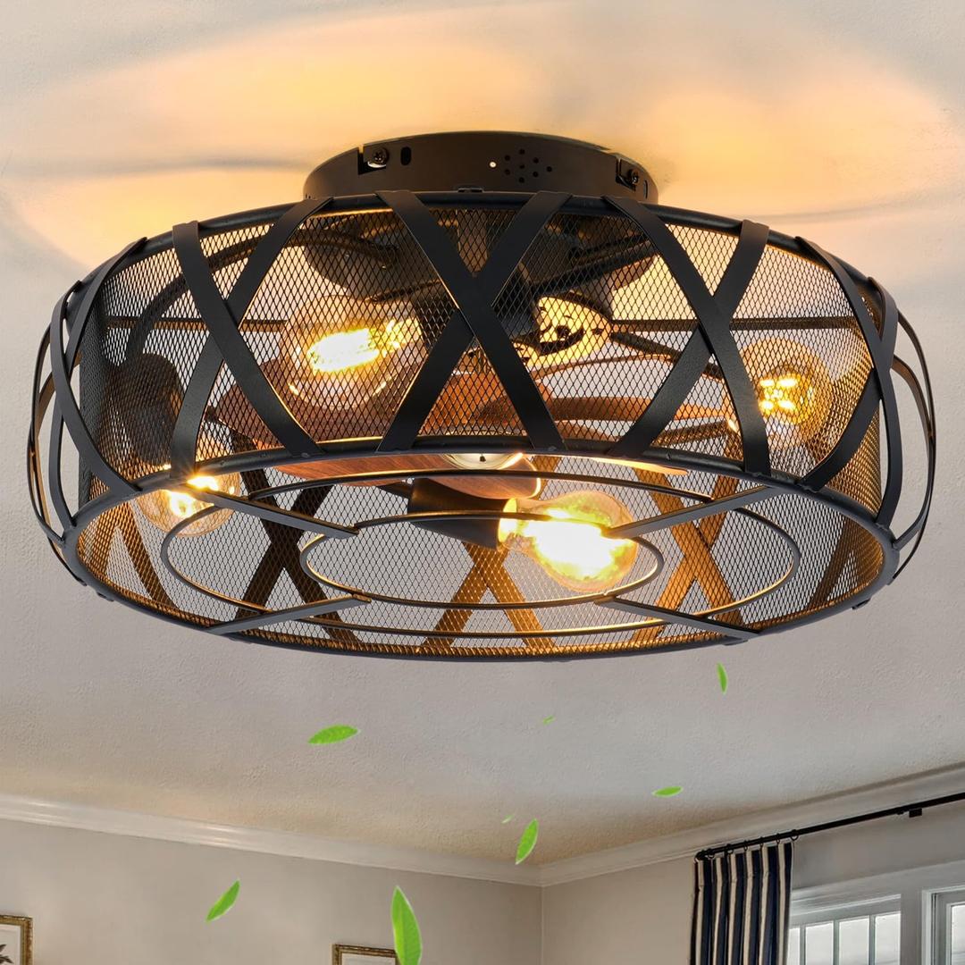 Caged Ceiling Fans with Lights Flush Mount,Low Profile Ceiling Fan with Remote,Enclosed Ceiling Fan for Bedroom Living Room,20"Smart Bladeless,6 Speeds Reversible Silent Fandalier(5 E26 bulb Include)