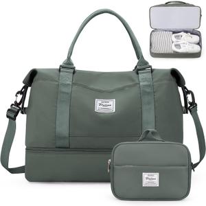 Weekender Bags for Women,Personal Item Travel Bag with Shoes Compartment,Overnight Travel Duffel Bag with Toiletry Bag,Medium (Olive Green)