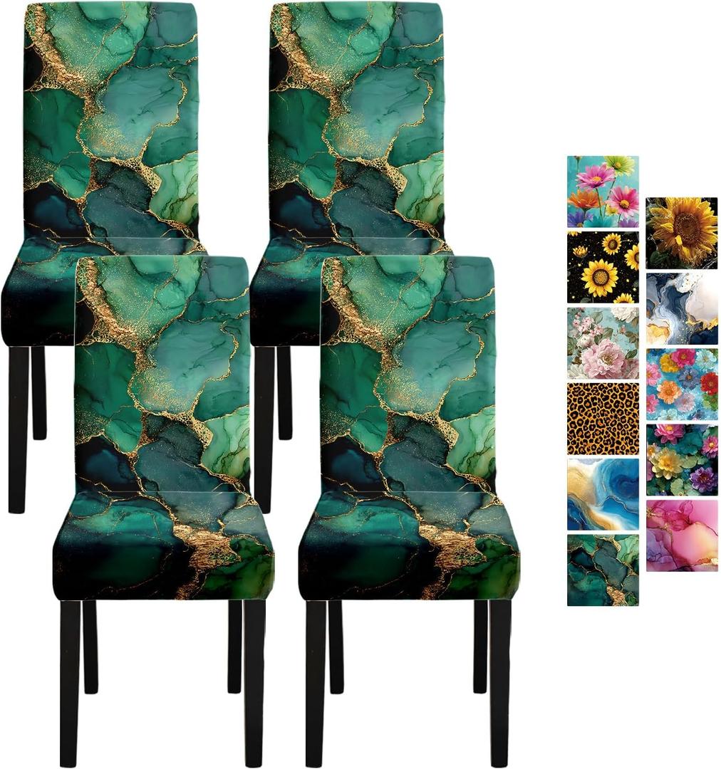 Marble Chair Covers Set of 4  Green Gold Abstract Pattern Stretch Dining Chair Slipcovers Washable Universal Seat Protectors for Kitchen, Banquet, Party, Hotel, Home Dcor (25)