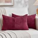 Fancy Homi 2 Packs Burgundy Lumbar Decorative Throw Pillow Covers 12x20 Inch for Living Room Couch Bed, Christmas Boho Home Decor, Soft Striped Corduroy Rectangle Accent Cushion Case 30x50 cm