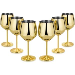 Lifecapido Stainless Steel Wine Glasses Set of 6, 18oz Stainless Steel Wine Goblets, Stemmed Metal Wine Glasses with Cup Brush for Party Office Wedding Anniversary, Great for Red White Wine (Gold)