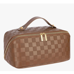 Large Capacity Travel Cosmetic Bag - Portable Makeup Bags for Women Waterproof PU Leather Checkered Makeup Organizer Bag with Dividers and Handle,Toiletry Bag for Cosmetics