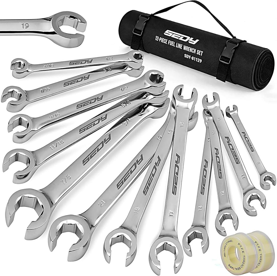 SEDY 14-Piece Flare Nut Wrench Set with PTFE Tape, Metric & SAE Brake Line Wrench Offset 1/4"-7/8"& 9-21mm Set Double Open End with Organizer Pouch for Repairing and Removing Nuts