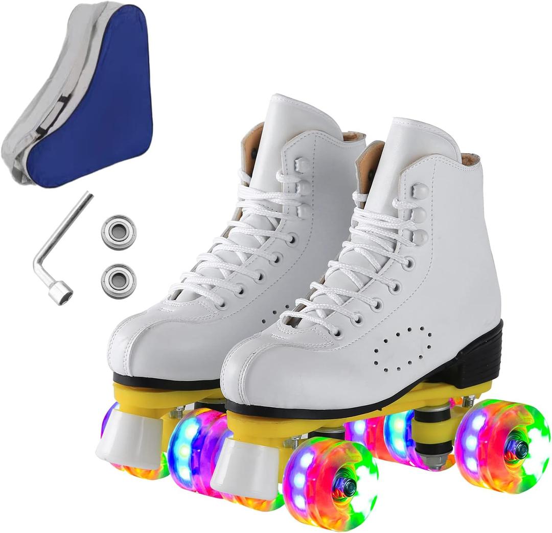 Roller Skates for Men and Women, Black Derby Roller Skates with 4 Shiny Wheel, Classic Double-Row Roller Skates for Indoor and Outdoor (White, 7 Women/6 Men)