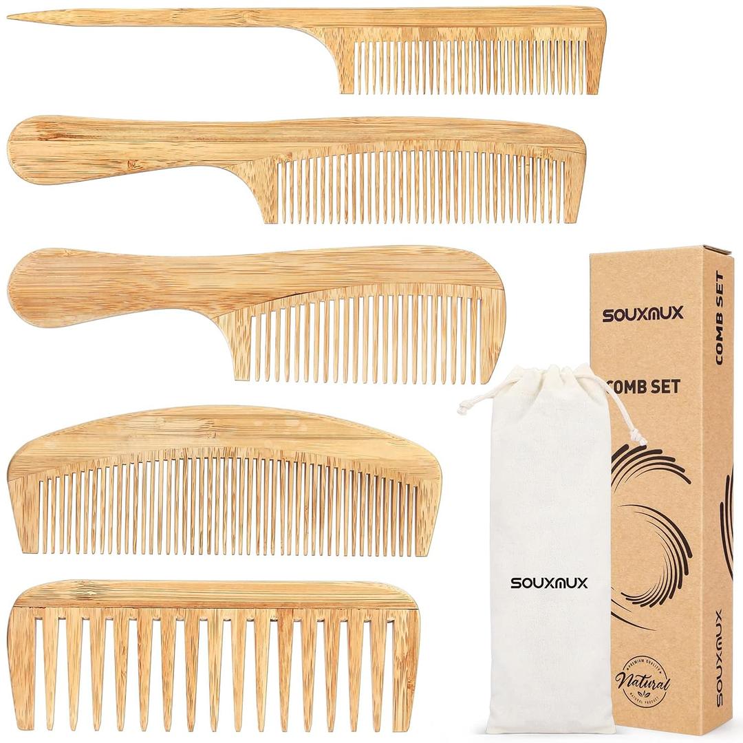 Souxmux 5 Pcs Natural Handmade Bamboo Anti-Static Combs Set - Wide Tooth, Rat Tail and Fine Tooth for Long, Short, Thick, Thin, Wavy or Curly Hair Detangling (Natural)