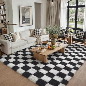 PureCozy Checkered Rug 6x9 for Living Room, Black and White Modern Shag Rugs Super Soft Washable Indoor Office Fuzzy Carpet Non-Slip Fluffy Rugs for Bedroom Home Aesthetic Decor