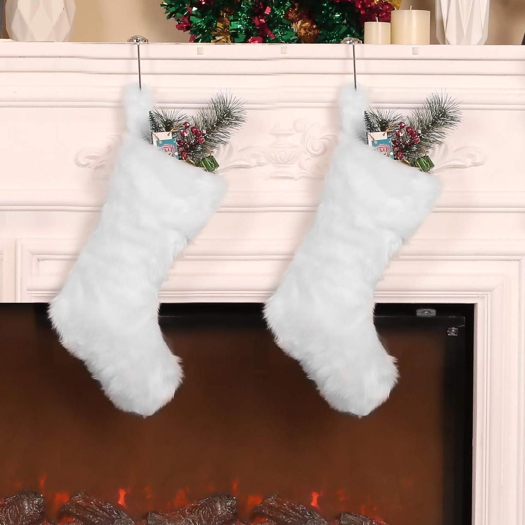 Pangda 2 Pcs White Christmas Stockings 20 Inch Faux Fur Xmas Stocking Snowy Stockings Fireplace Hanging Gift Bags for Xmas Holiday Family Party Decoration