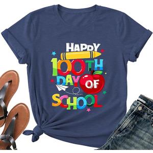 Happy 100 Days of School Teacher Shirt-Women 100th Day Teacher Life Short Sleeve Cute School Days Tee Top, Small