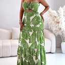 CHICME Floral Printed Prom Dress Tie Ruched Shirred Bandeau Party Dress Slim Fit Ruffle Hem Vacation Dresses (Green, S)