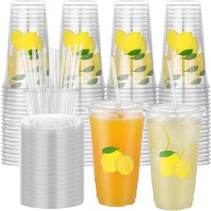 Jingmore 200 Sets 24 oz Lemonade Disposable Plastic Cups with Lids and Straws Lemon Stand Supplies Bulk Big Yellow Lemon Cold Beverage Drinking Cups Bulk for Summer Fruit Party Birthday Supplies