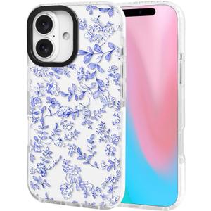 ChiCsFleur for iPhone 16 Case, TPU Phone case with Camera Protection for Women Girls Teens - Blue Fall Petal Blossom Floral Chinoiserie Decor Minimalist Gift Design Sorority Aesthetic Unique (LapisPeony)