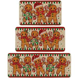 Artoid Mode Gingerbread Candy Cane Christmas Kitchen Mats Set of 3, Winter Home Decor Low-Profile Kitchen Rugs for Floor - 17"x29"+17"x36"+17"x47" (Beige)