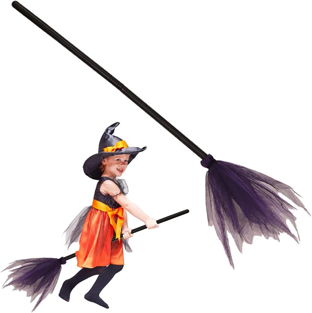 Purple Witch Broom Set, Plastic Broom Props for Kids, Halloween Costume Decor & Show, Cosplay & Party Accessory
