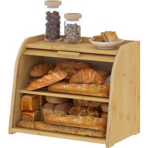 KITSANERY BREAD BOX FOR KITCHEN COUNTERTOP, BAMBOO BREAD STORAGE, DOUBLE-LAYER ROLL-TOP BREAD CONTAINER, FARMHOUSE BREAD HOLDER FOR HOMEMADE BREAD (NATURAL, DOUBLE LAYER)
