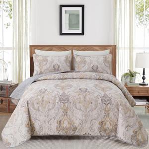 Drucon Grey Paisley Quilt Set King 3 Pieces Boho Paisley Floral Quilt Coverlet Set Soft Microfiber Lightweight Bedding Quilt for All Season (King, 104"x90")