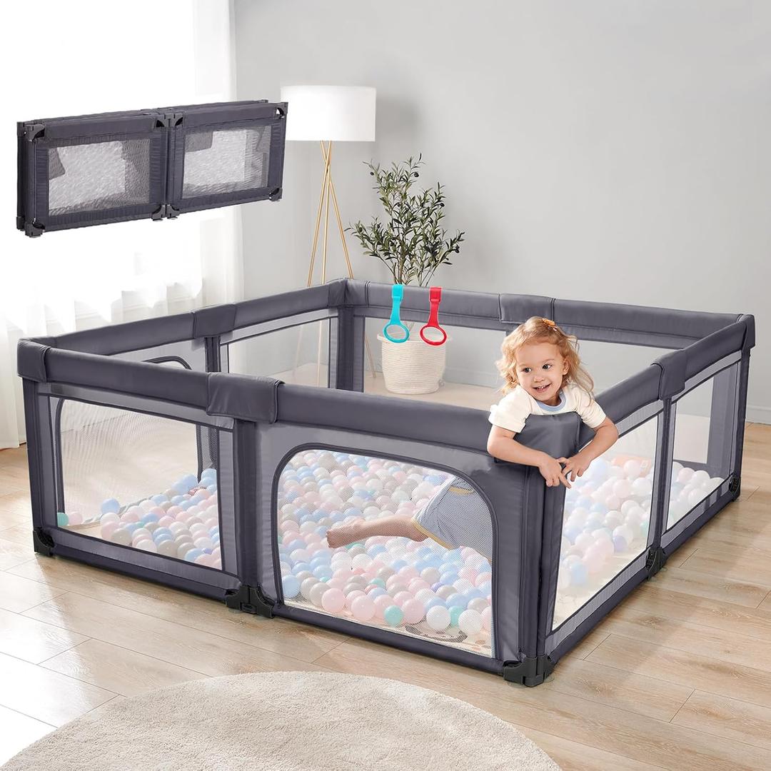Cholena Play Pen 79"x59" Foldable Baby Playpen with Bottom Play Yard for Contained Play Space, Indoor Safety Fence with Zipper DoorDeep Grey