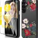 for Samsung Galaxy A16 5G Case6.7 inch with Tempered Glass Screen Protector Slim Soft TPU & Hard PC Crystal Clear Cover, Elegant Cute Floral Pattern Design for Girls Women-Lotus/Black