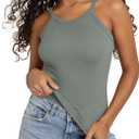 ODODOS Women's Seamless Cami Top - Ultra Soft Ribbed Tank Scoop Neck Slim Fit Summer Sleeeve Shirts, 1-Pack, Green Milieu, X-Small (XS)