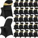 Preboun 50 Pack Folding Chair Cover Set with 25 Spandex Chair Slipcovers 25 Sequin Chair Sashes Bow Washable Chair Protector Chair Cover for Party Wedding Banquet Event (Black and Gold)