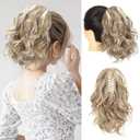 SEIKEA 12" Highlight Ponytail Extension, PT001 Ella Claw Short Thick Wavy Curly Jaw Clip in Fake Pony Tails Fake Hair Soft Natural Looking Synthetic Hairpiece Dark Blonde with White Blonde Highlights