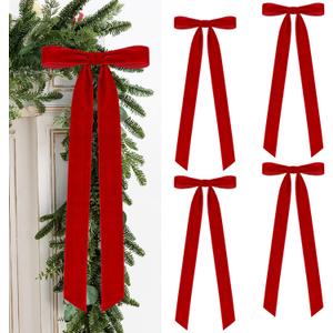 4 Pcs Rustic Large Velvet Bows Christmas Decorations - 23.6 x 8.66 Inch Vintage Ribbon Bow for Xmas Tree Topper Wreath Garland Fireplace Mantel Staircase Wedding Home Decor (4, Red)