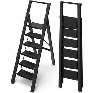 6 Step Ladder, Lightweight Folding Step Stool with Convenient Handgrip,Aluminum 330lbs Capacity Step Ladder for Office,Household,Kitchen(Black)